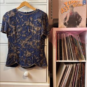 Vintage 90’s Top Embellished Blue Gold Beaded Sparkle 80s Blouse M Silk Sequins